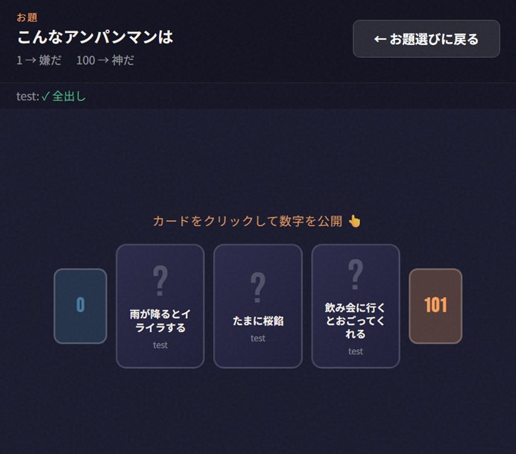 itoのカード提出画面:お題に沿って数字を言葉で表現し小さい順に並べる(アプリ不要のブラウザ版)